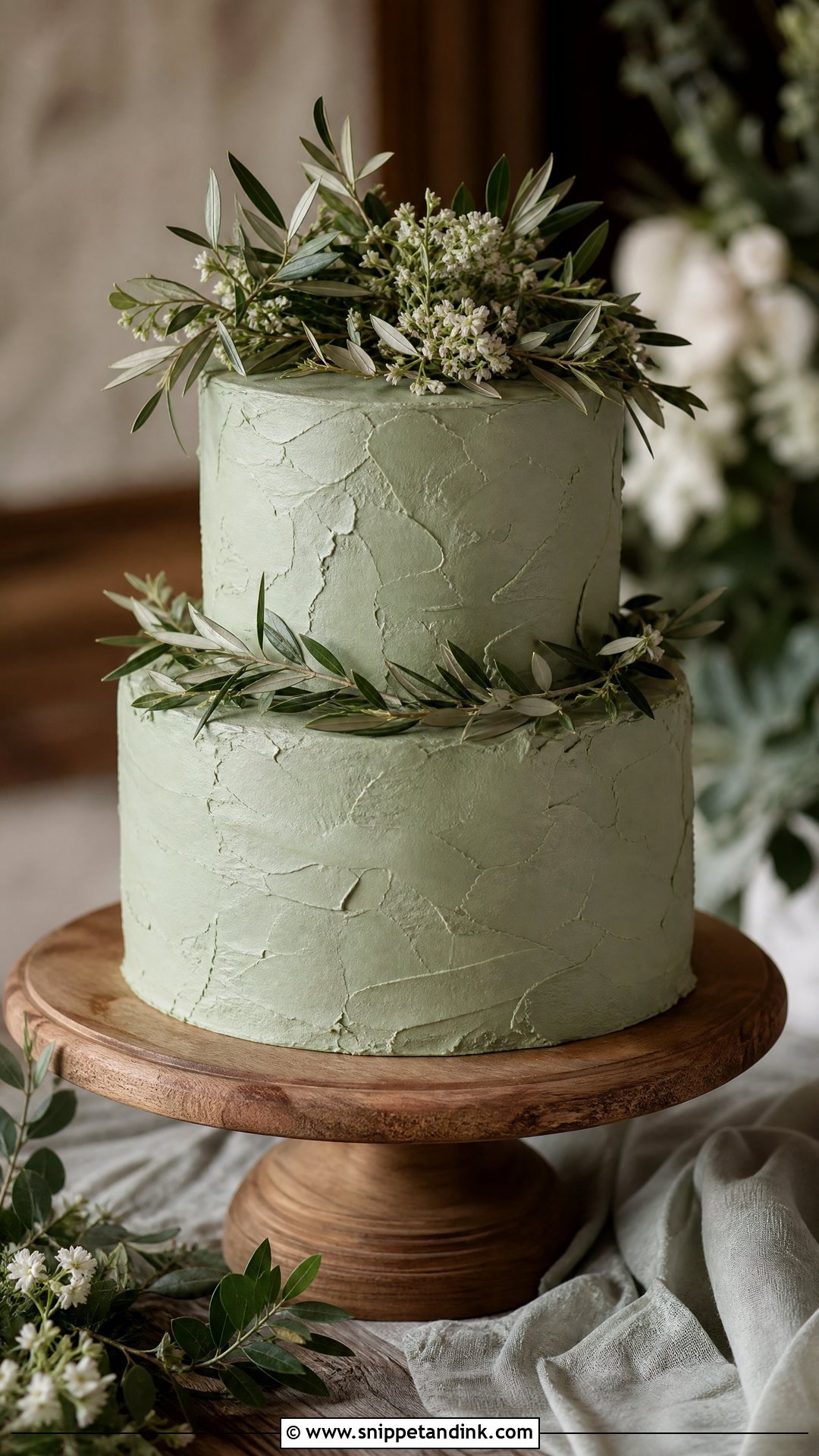 Sage Green Wedding Cake With Rustic Texture - Snippet and Ink - 20 Sage Green Wedding Cake Ideas