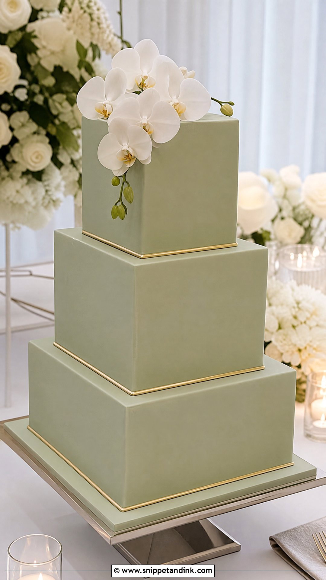 Sage Green Wedding Cake With Square Tiers - Snippet and Ink - 20 Sage Green Wedding Cake Ideas