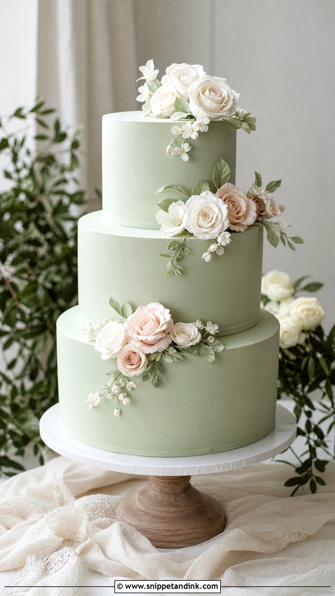 Sage Green Wedding Cake With Sugar Flowers - Snippet and Ink - 20 Sage Green Wedding Cake Ideas