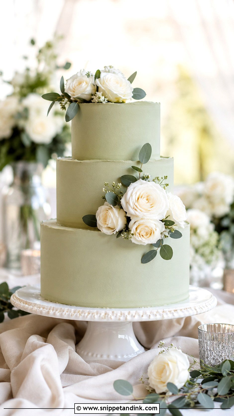 Sage Green Wedding Cake With White Roses - Snippet and Ink - 25 Elegant Green Wedding Cake Ideas