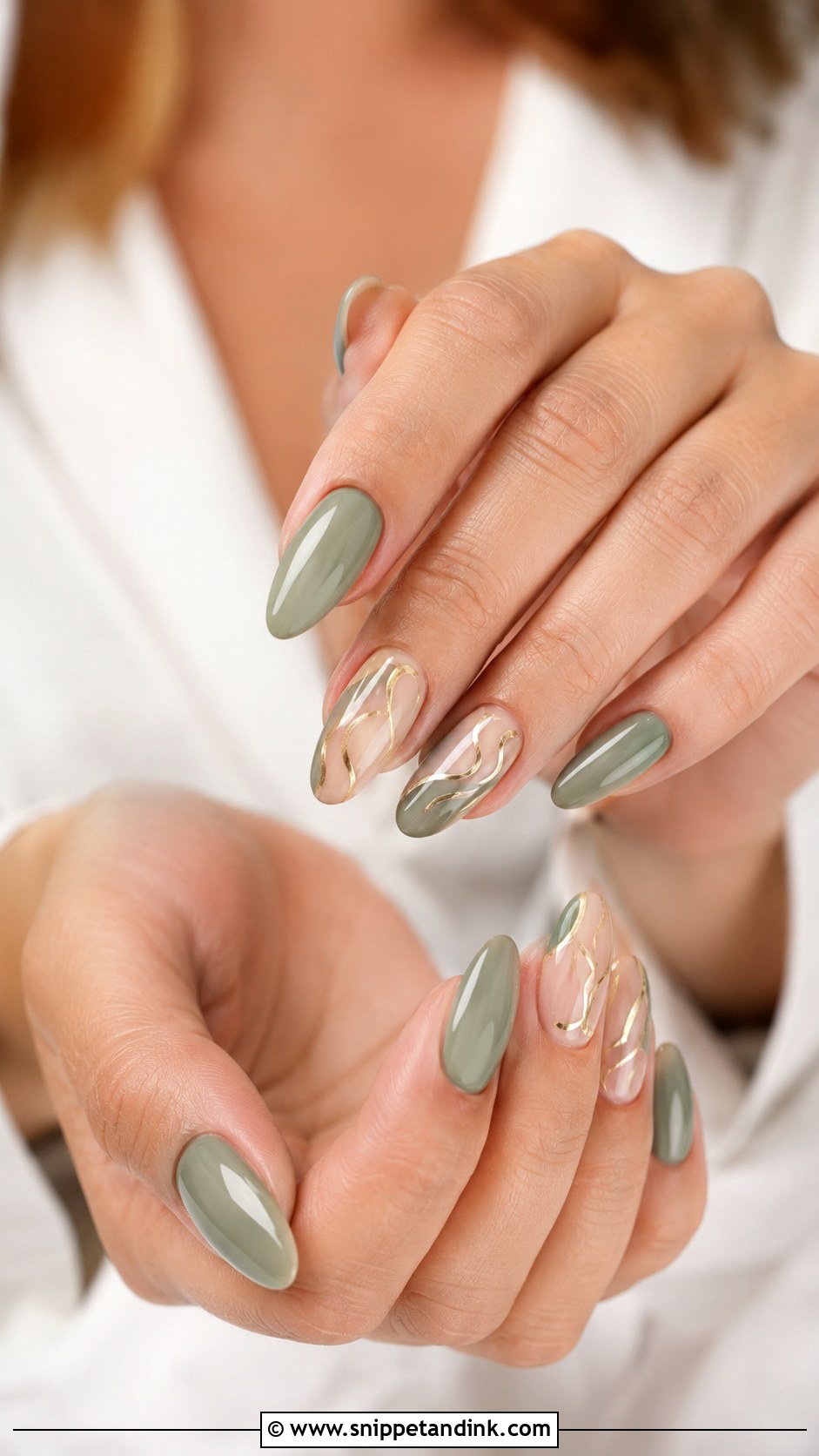 Sage Green Wedding Nails With Gold Lines - Snippet and Ink - 20 Colorful Wedding Nails