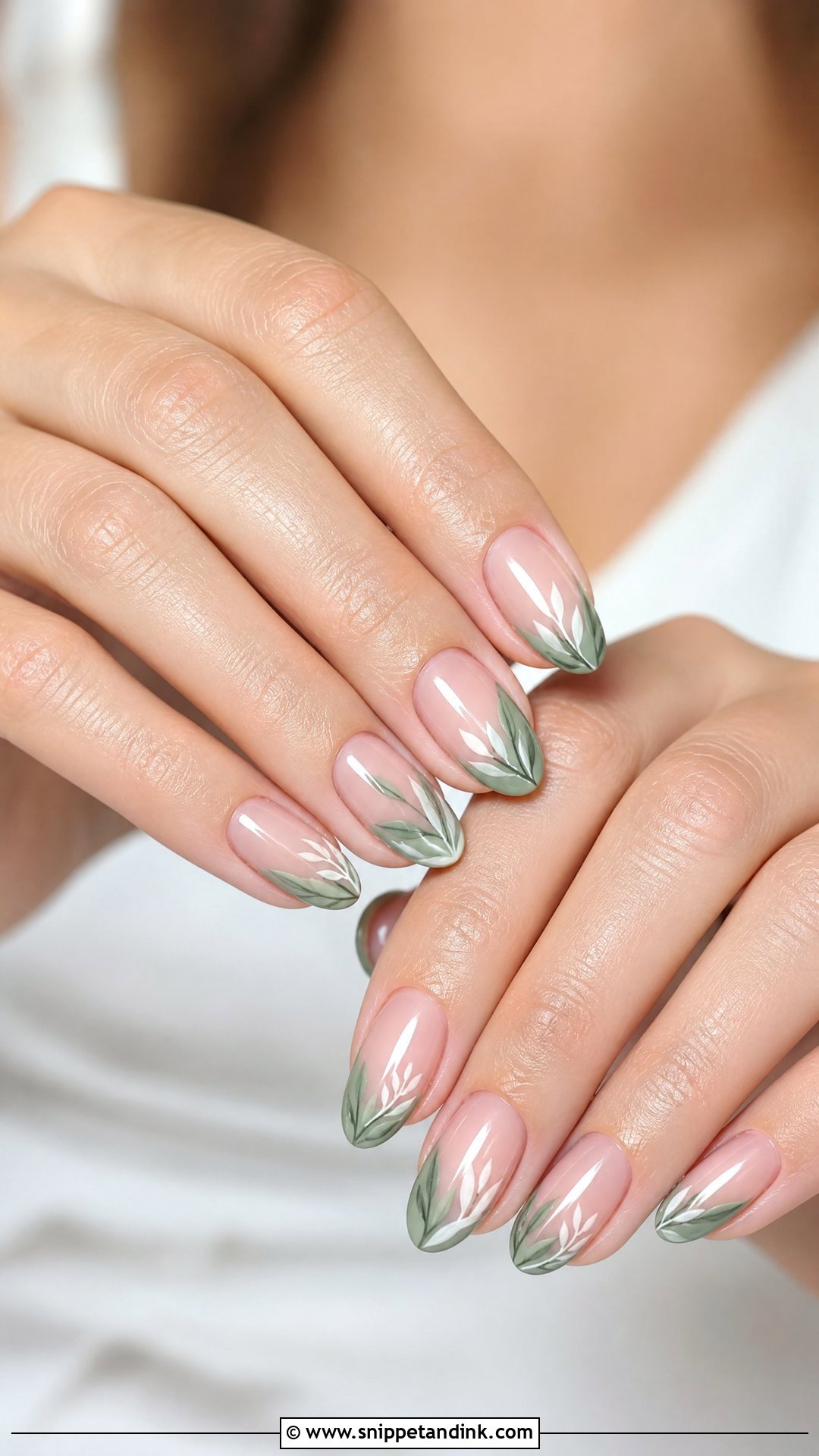 Sage Green Wedding Nails With Leaf Art - Snippet and Ink - 25 Sage Green Wedding Nails