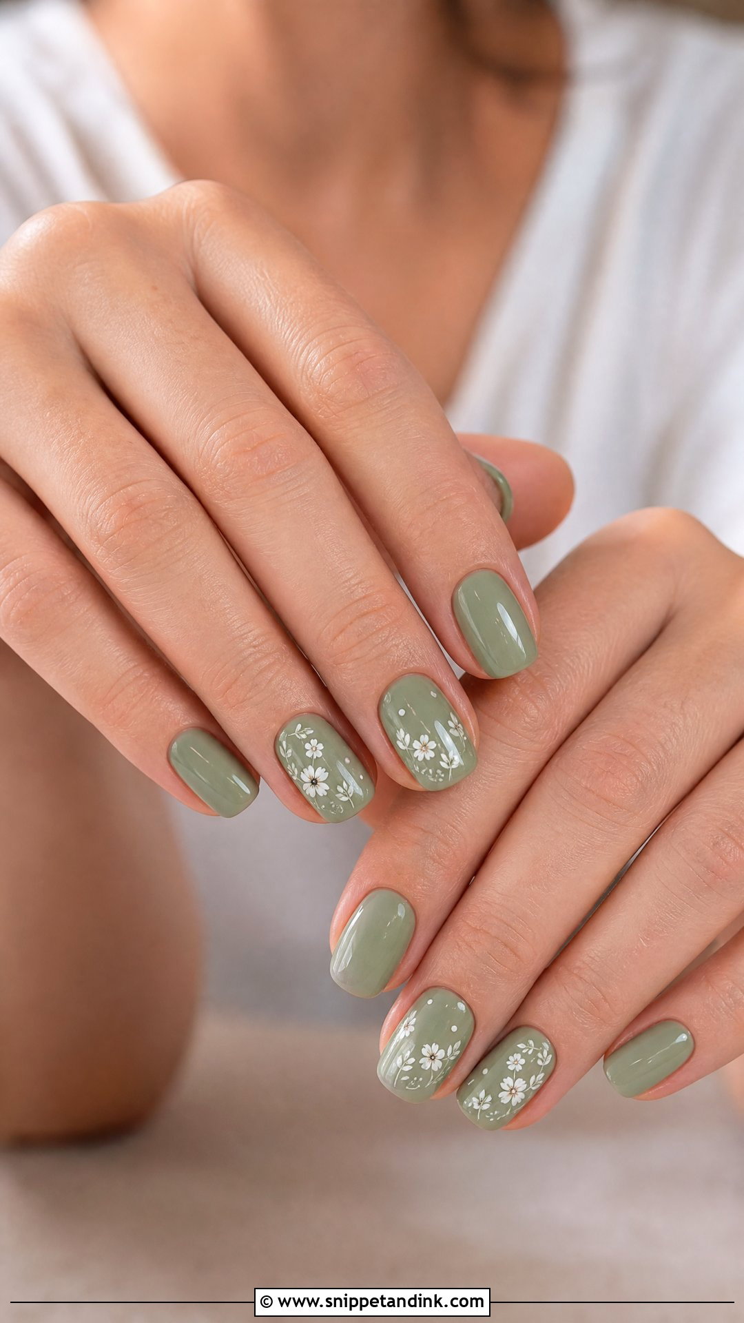 Sage Green Wedding Nails With White Flowers - Snippet and Ink - 25 Sage Green Wedding Nails