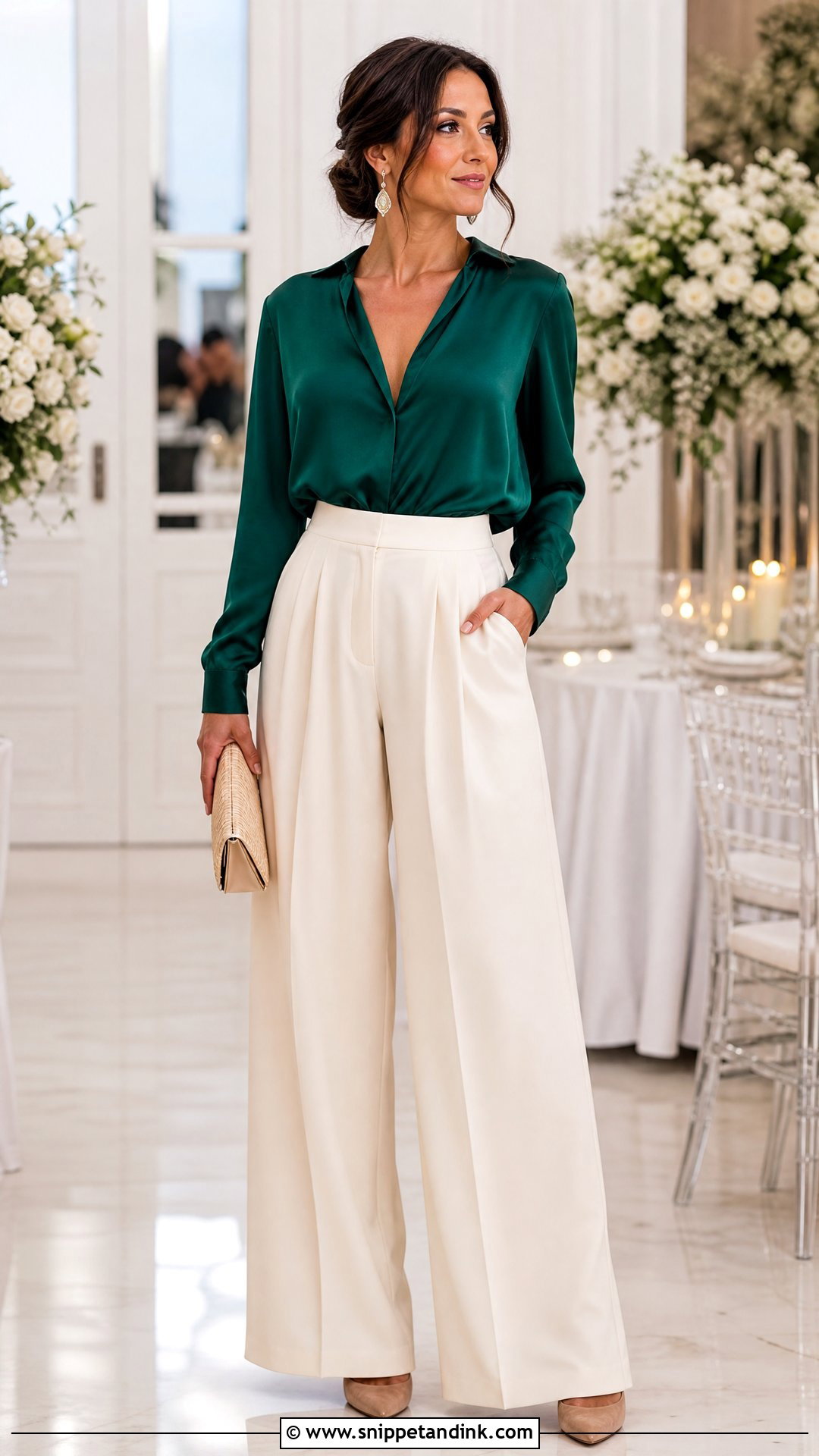 Satin Blouse With Wide Leg Pants Wedding Outfit - Snippet and Ink - 20 dressy tops for a wedding outfit ideas