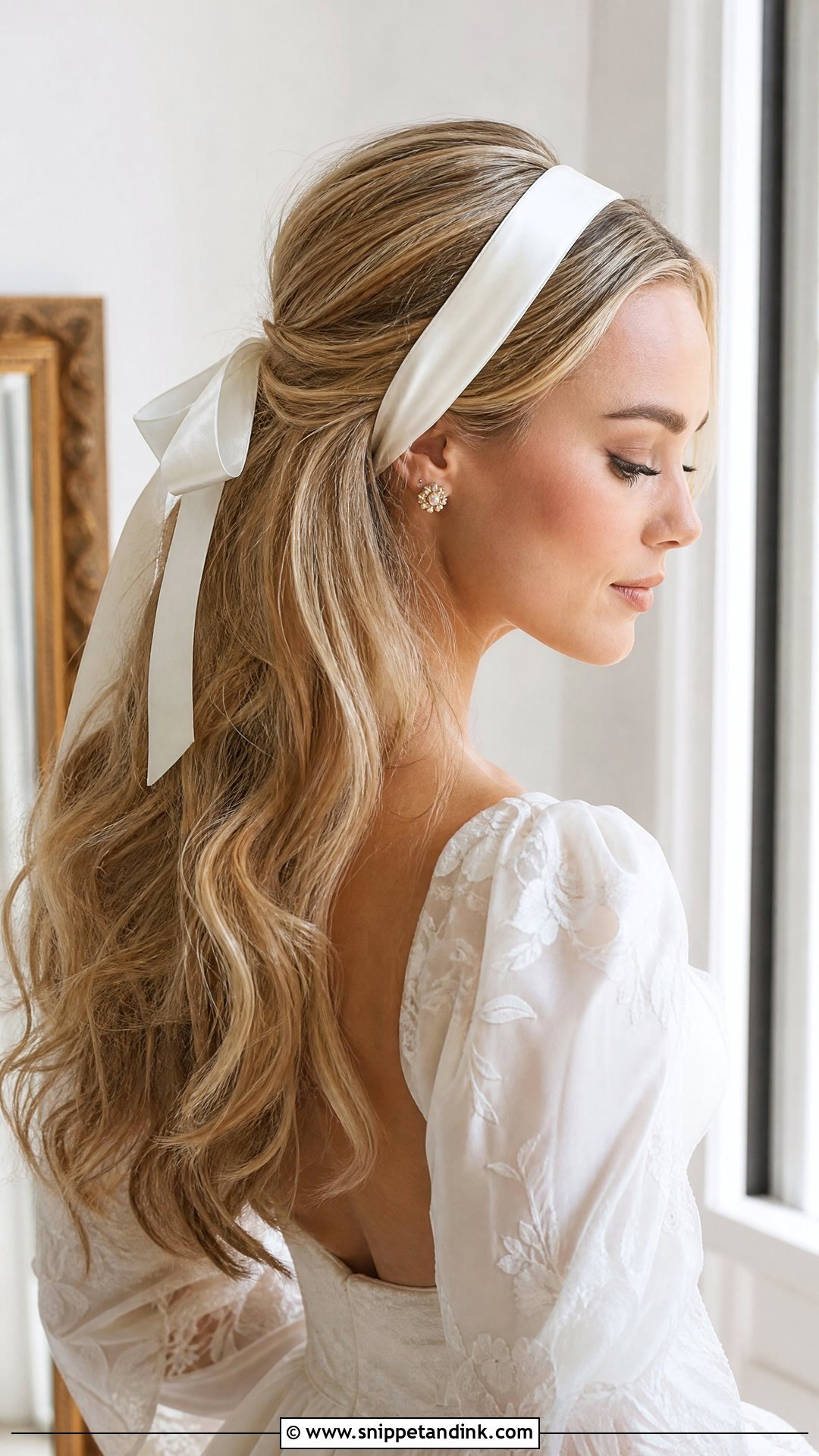 Satin Ribbon Headband With Half Up Style - Snippet and Ink - 20 Bridal Hair Headband Ideas
