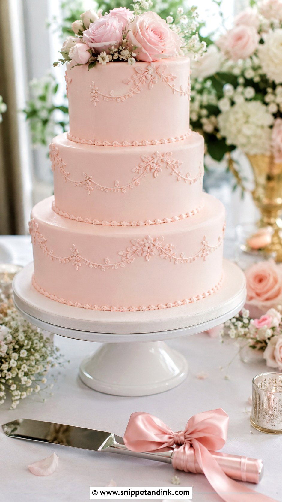 Satin Ribbon Wedding Cake Knife With Blush Wedding Cake - Snippet and Ink - 30 Wedding Cake Knife Decoration Ideas