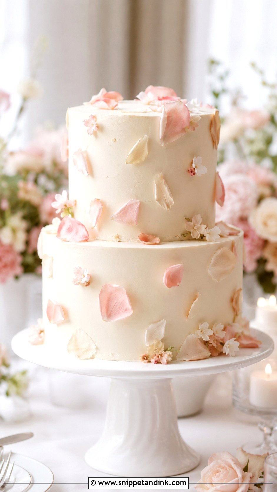 Scattered Flower Petal Wedding Cake - Snippet and Ink - 20 Flower Petal Wedding Cake Ideas