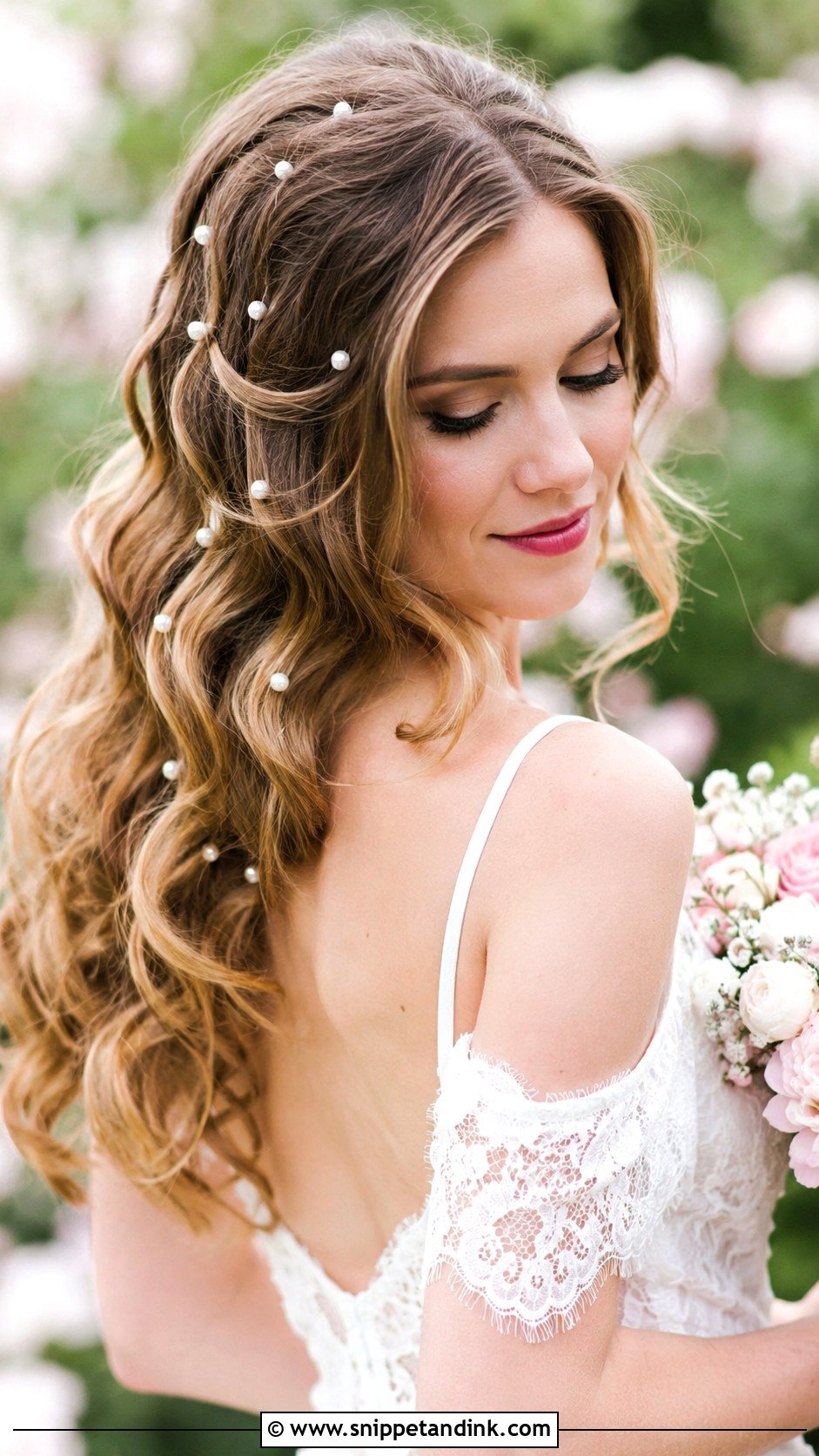 Scattered Pearl Pins in Loose Waves - Snippet and Ink - 20 Bridal Hair Pearls Ideas