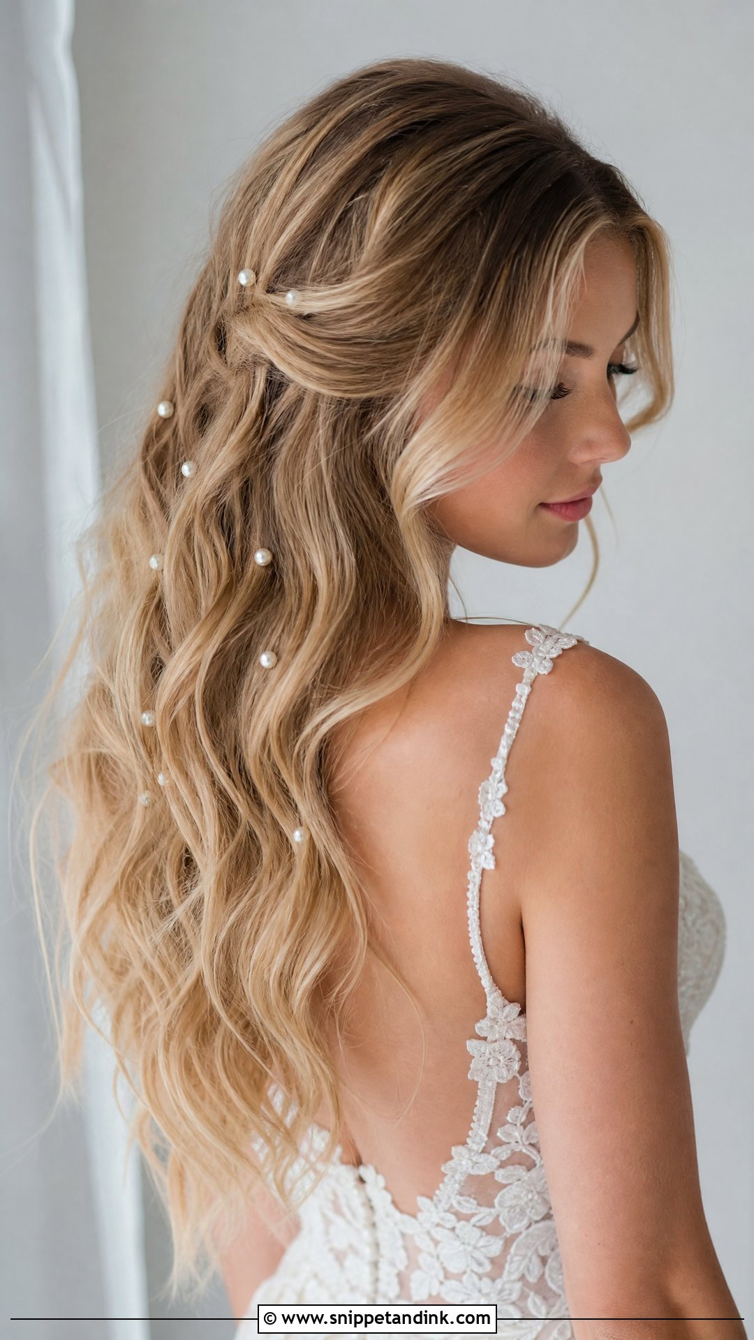 Scattered Pearl Pins on Loose Waves - Snippet and Ink - 20 Pearls in Hair Wedding Ideas