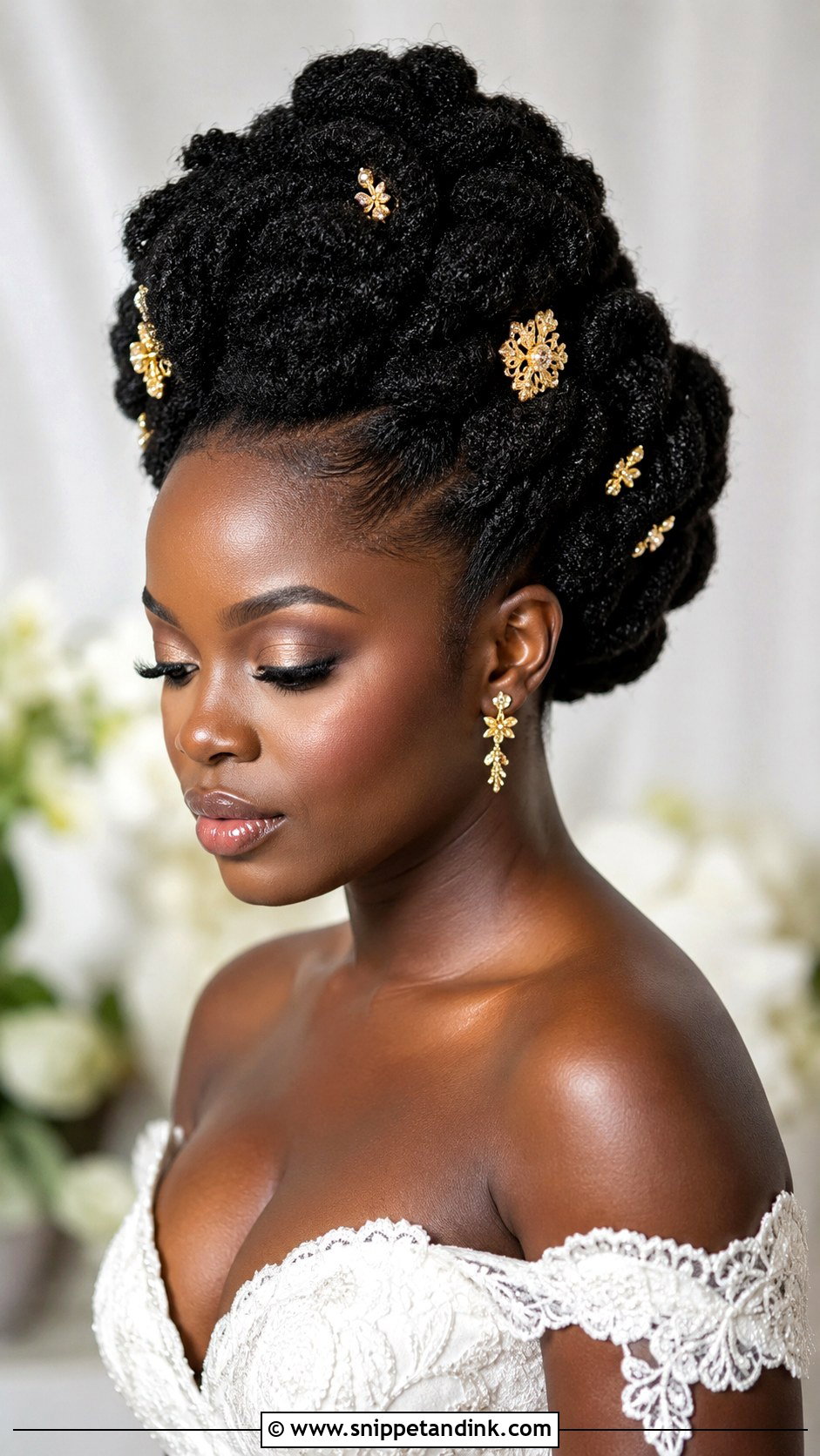 Sculpted Natural Updo With Gold Pins - Snippet and Ink - 25 Black Hair Bride Hairstyles