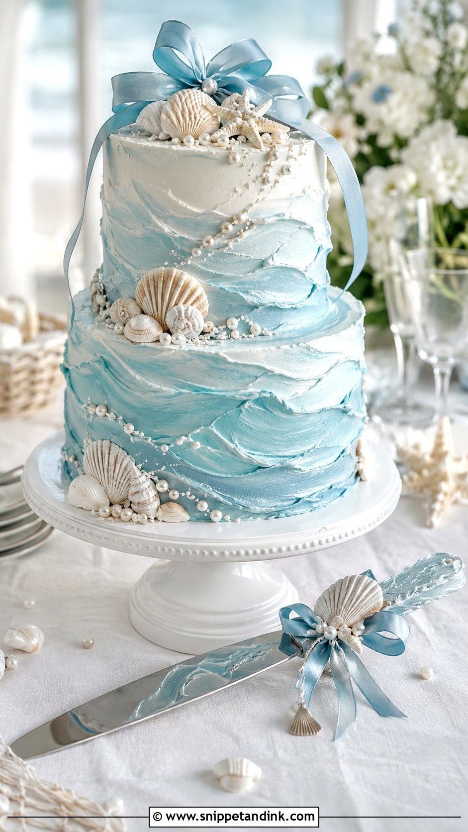 Seashell Wedding Cake Knife With Beach Wedding Cake - Snippet and Ink - 30 Wedding Cake Knife Decoration Ideas