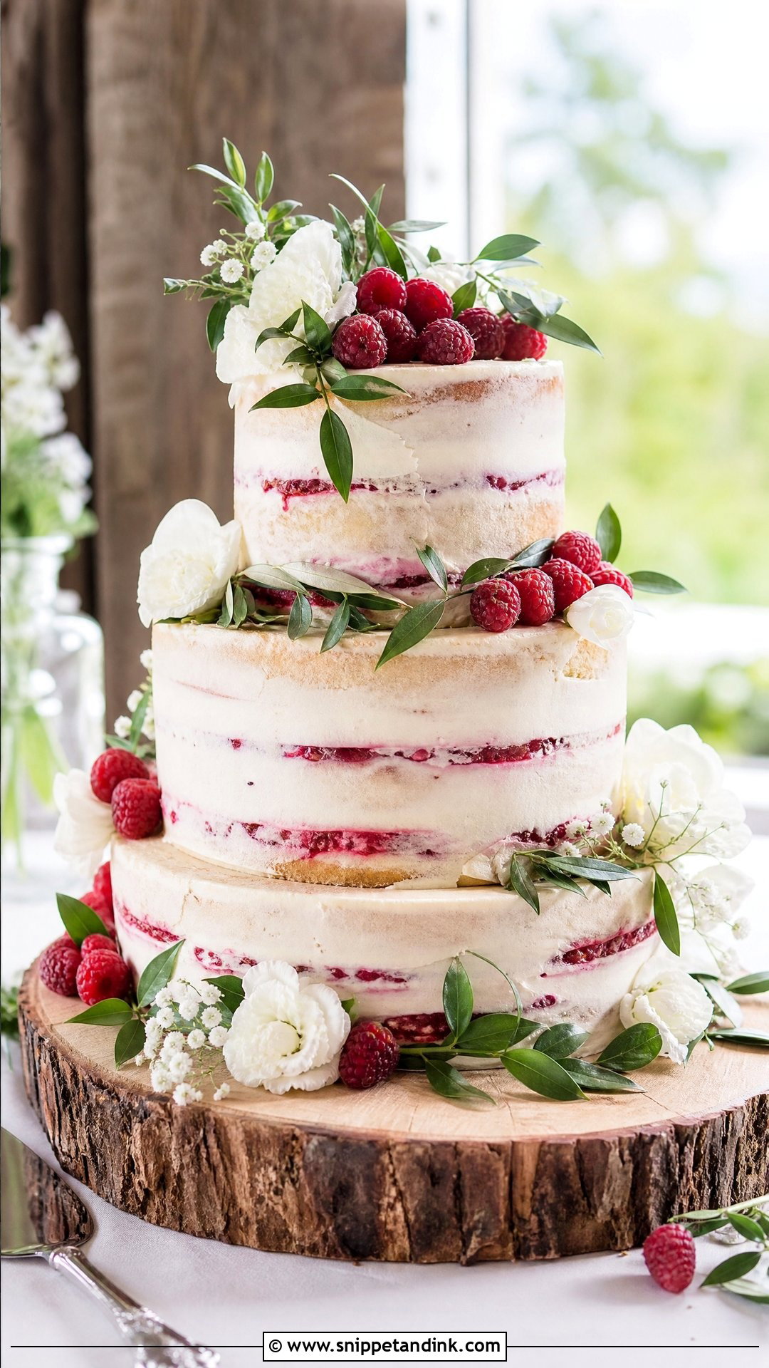 Semi Naked Raspberry Wedding Cake - Snippet and Ink - 20 Raspberry Wedding Cake Ideas