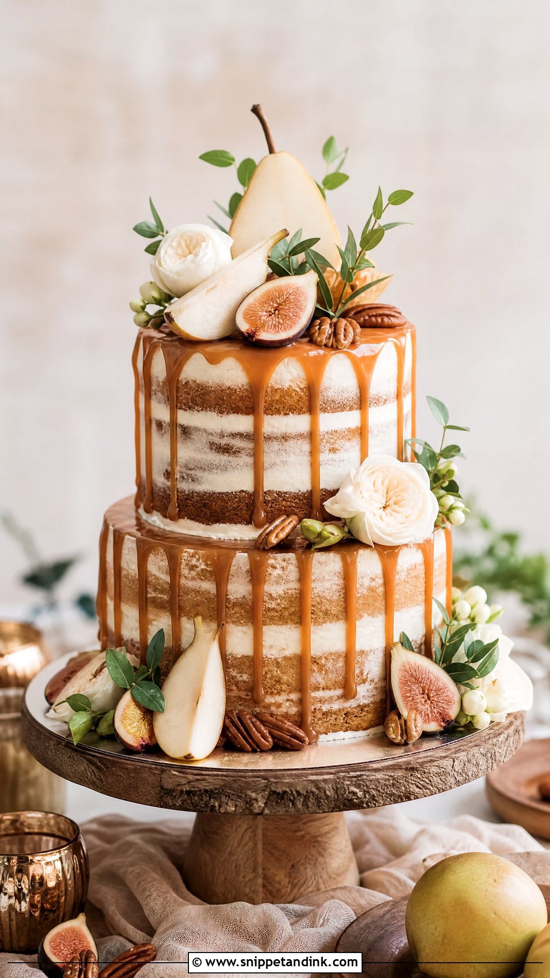 Semi Naked Wedding Cake With Caramel Drip - Snippet and Ink - 20 Semi Naked Wedding Cake Ideas