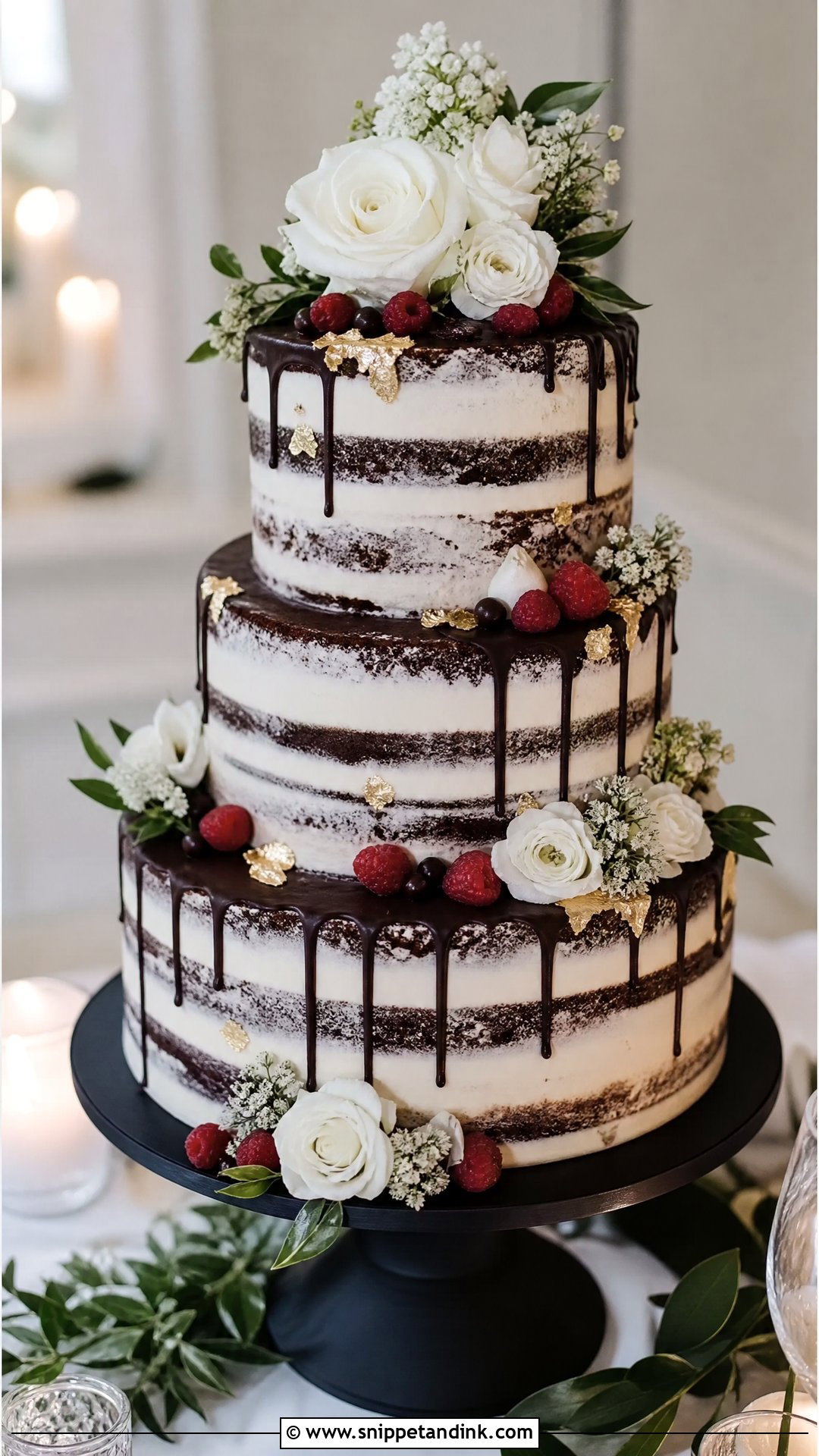 Semi Naked Wedding Cake With Chocolate Layers - Snippet and Ink - 20 Semi Naked Wedding Cake Ideas
