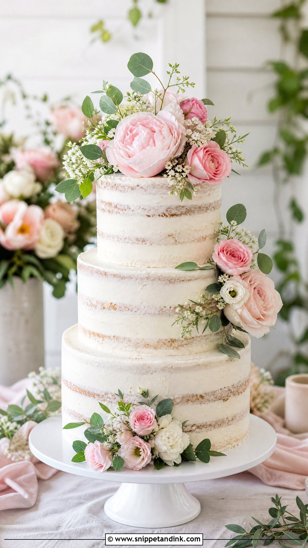 Semi Naked Wedding Cake With Fresh Flowers - Snippet and Ink - 20 Semi Naked Wedding Cake Ideas