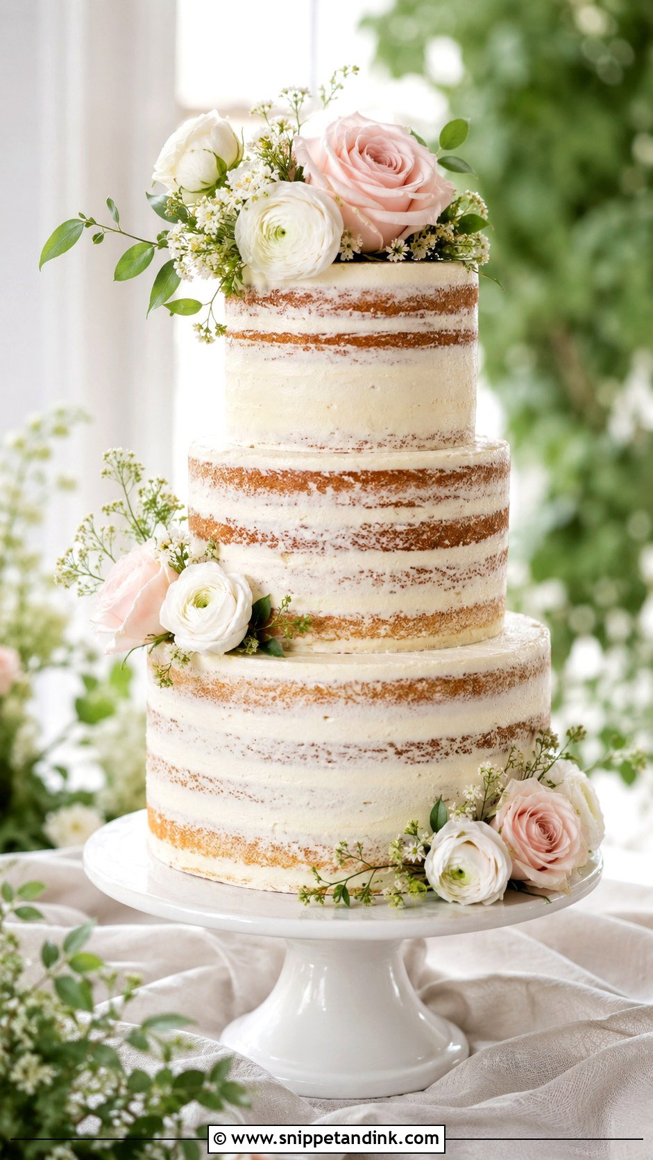 Semi Naked Wedding Cake With Fresh Flowers - Snippet and Ink - 20 Lightly Iced Wedding Cake Ideas