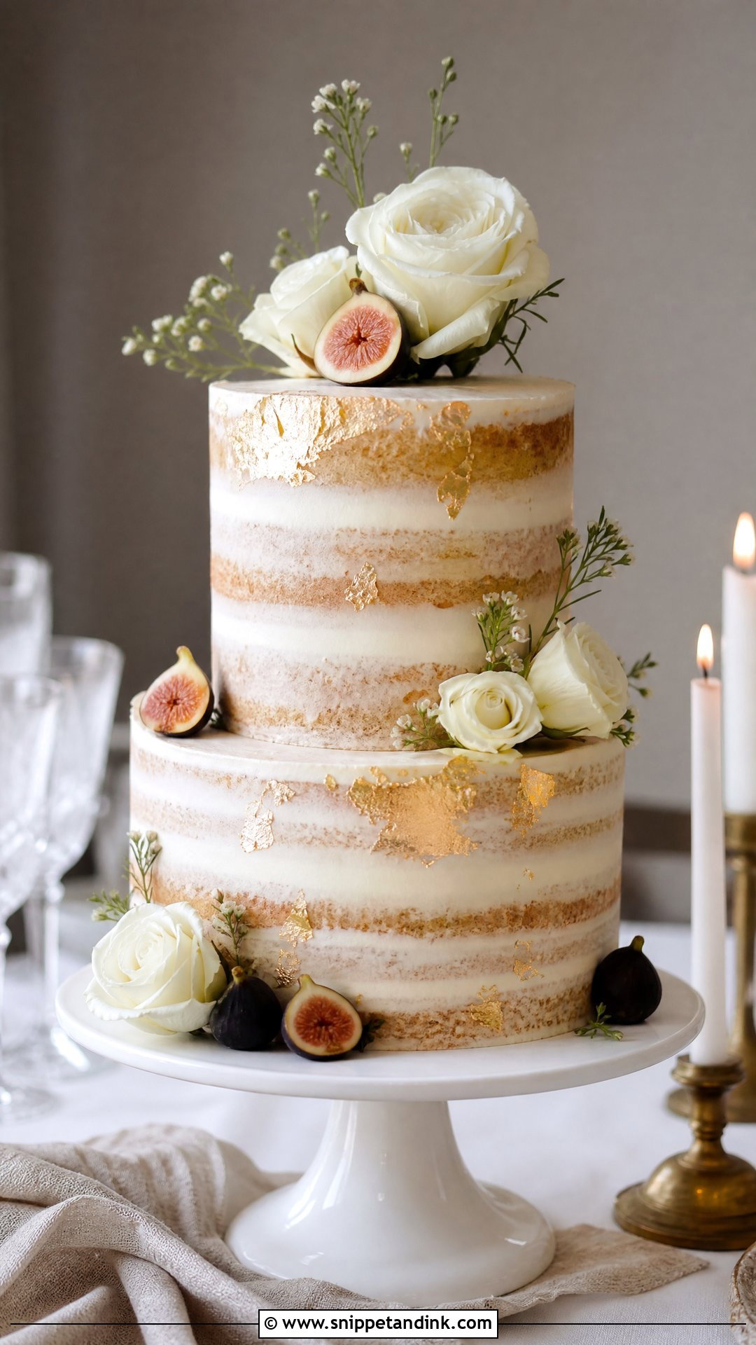 Semi Naked Wedding Cake With Gold Leaf - Snippet and Ink - 20 Semi Naked Wedding Cake Ideas