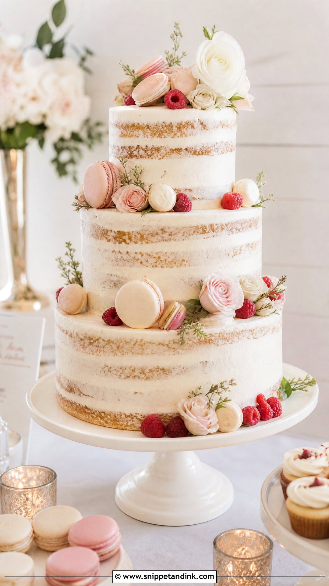 Semi Naked Wedding Cake With Macarons - Snippet and Ink - 20 Semi Naked Wedding Cake Ideas