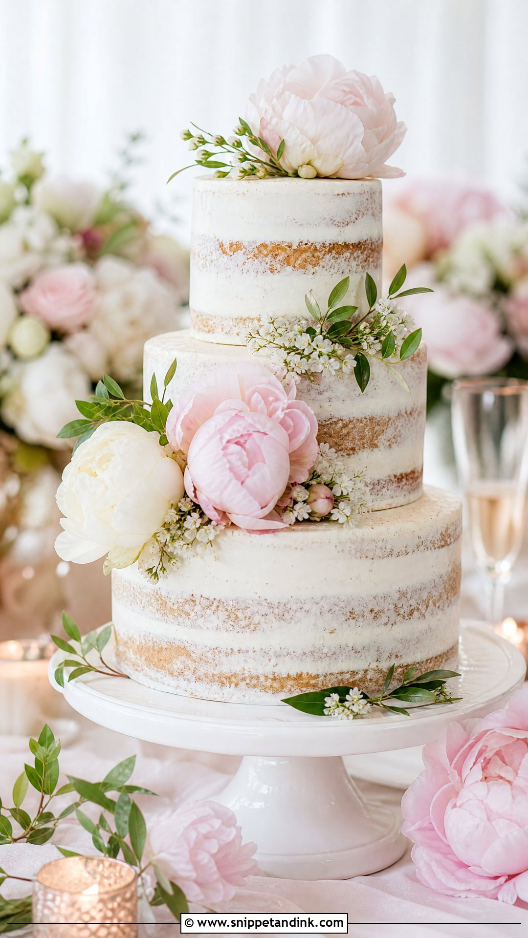 Semi Naked Wedding Cake With Peonies - Snippet and Ink - 20 Semi Naked Wedding Cake Ideas