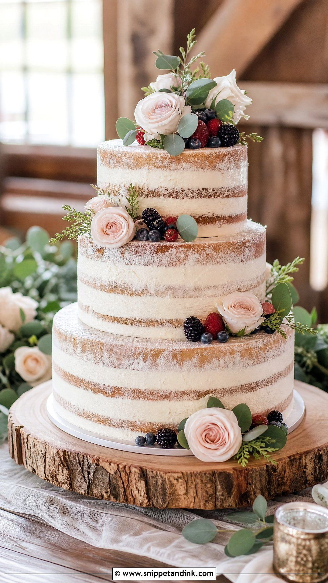 Semi Naked Wedding Cake With Rustic Wood Stand - Snippet and Ink - 20 Semi Naked Wedding Cake Ideas