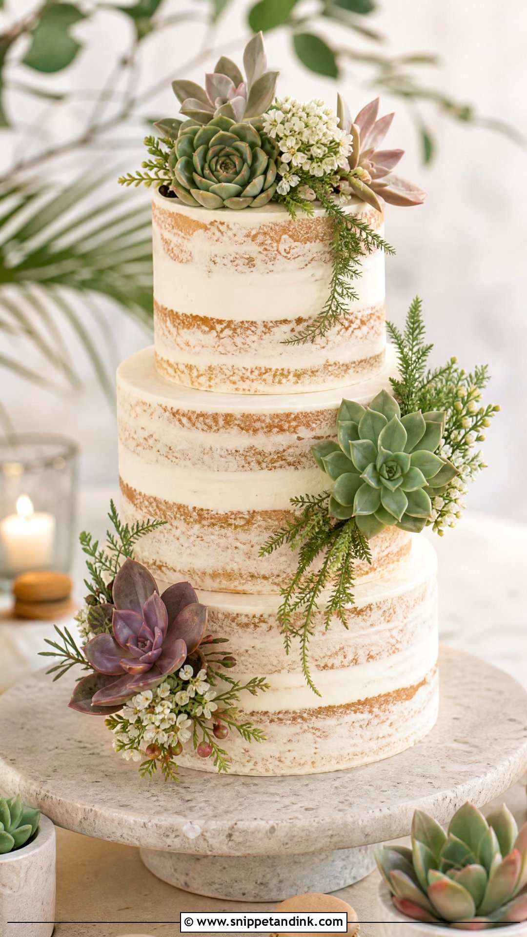 Semi Naked Wedding Cake With Succulents - Snippet and Ink - 20 Semi Naked Wedding Cake Ideas