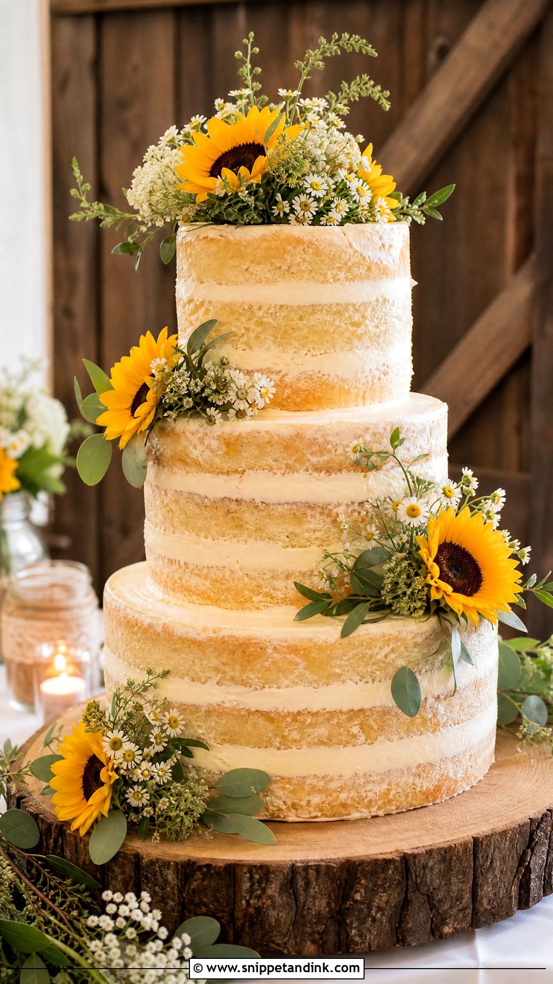 Semi Naked Wedding Cake With Sunflowers - Snippet and Ink - 20 Semi Naked Wedding Cake Ideas