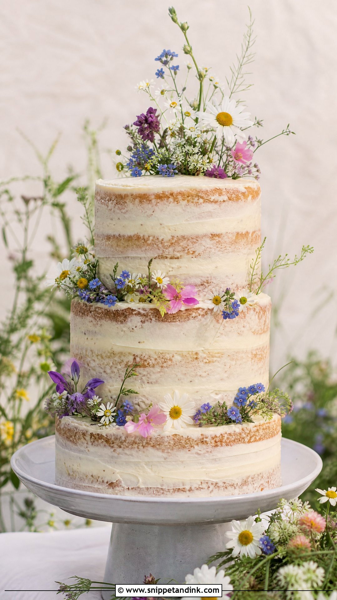 Semi Naked Wedding Cake With Wildflowers - Snippet and Ink - 20 Semi Naked Wedding Cake Ideas