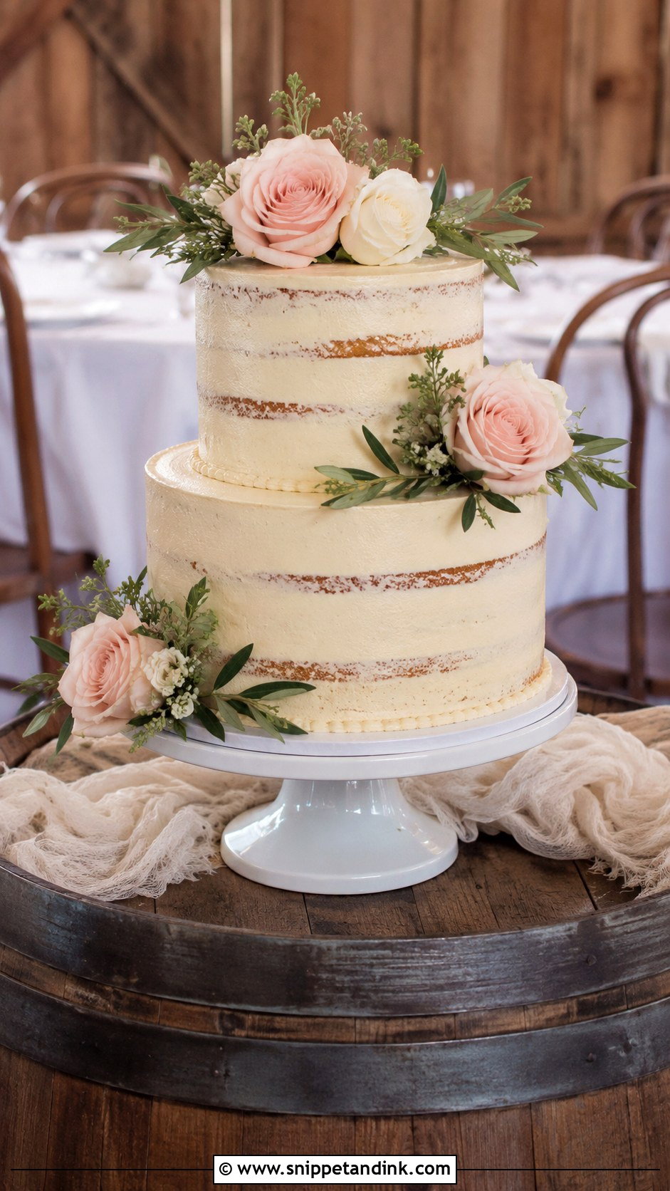 Semi Naked Wedding Cake on Barrel - Snippet and Ink - 20 Wedding Cake Ideas on Barrel