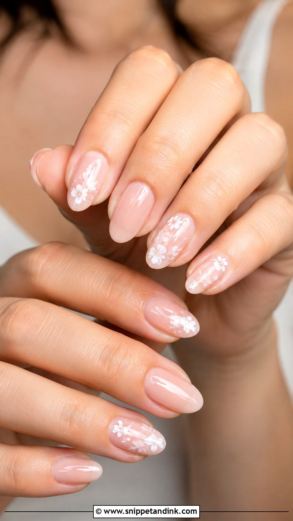 Sheer Nude Nails With White Flowers - Snippet and Ink - 20 Simple Wedding Day Nails for Bride