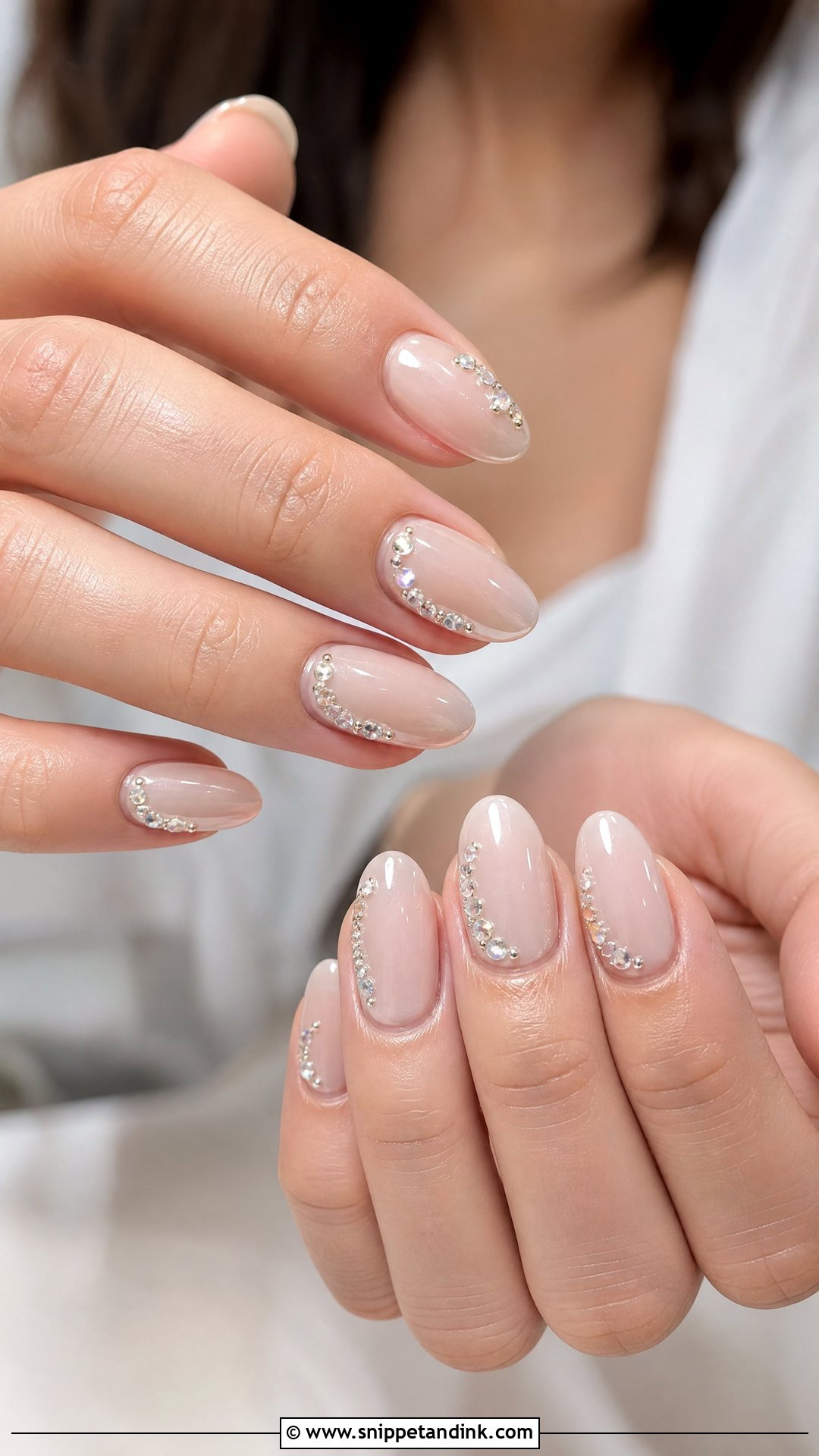 Sheer Nude Wedding Nails With Crystals - Snippet and Ink - 35 Nail Art Wedding Ideas