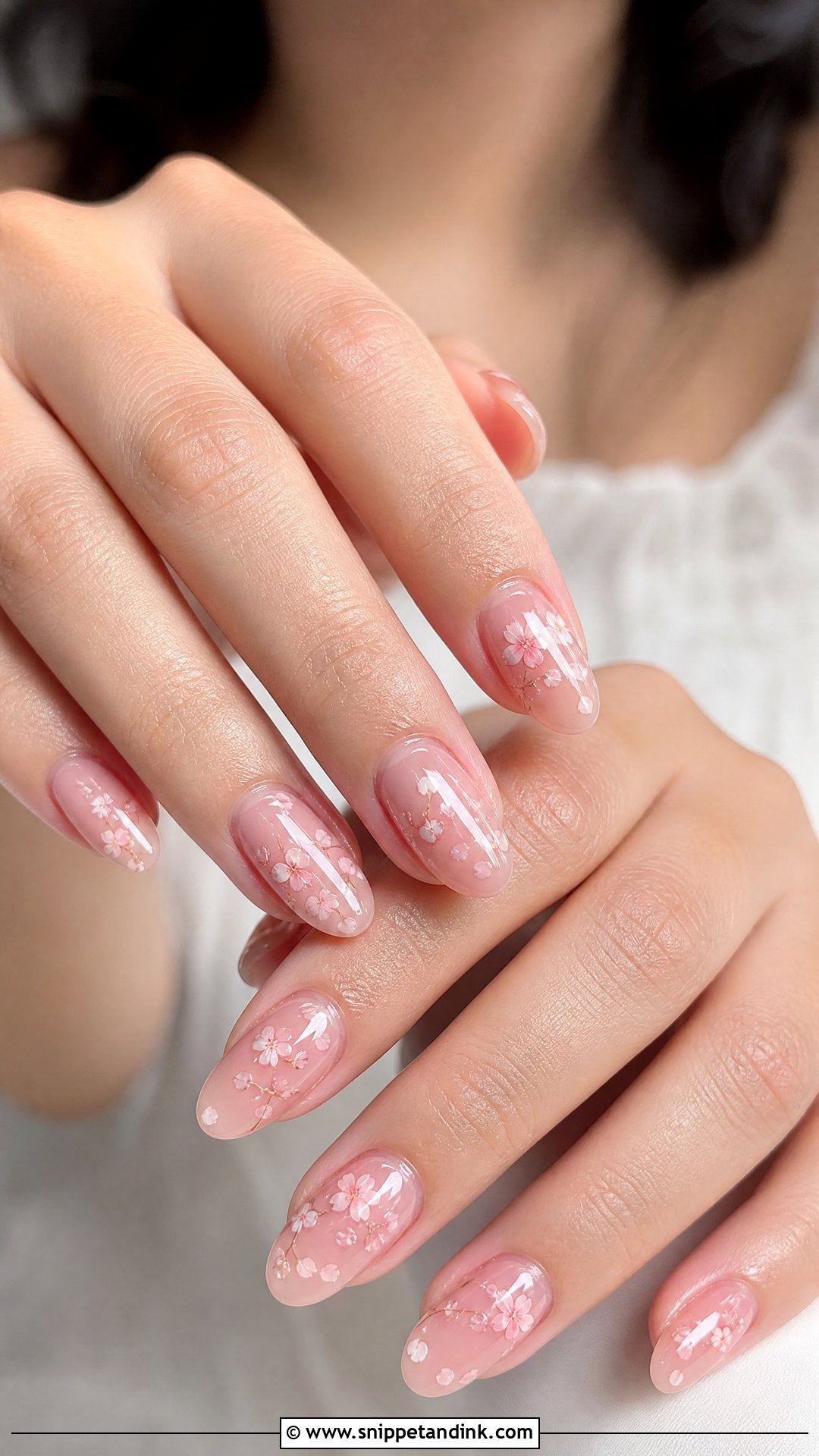 Sheer Pink Nails With Tiny Flowers - Snippet and Ink - 25 Wedding Guest Nail Inspo Ideas