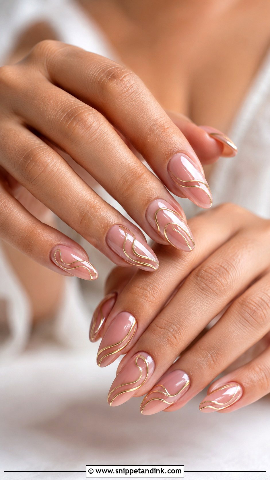 Sheer Pink Wedding Nails With Gold Chrome Swirls - Snippet and Ink - 20 Wedding Nails Gold Accent