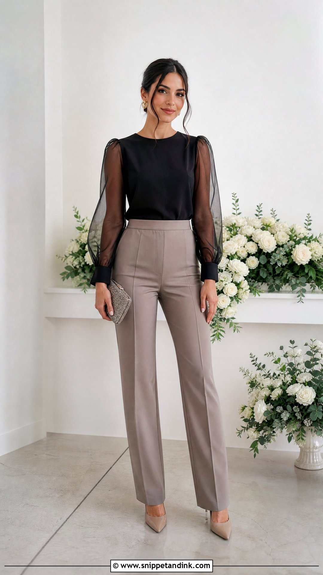 Sheer Sleeve Top With Straight Leg Pants Wedding Outfit - Snippet and Ink - 20 dressy tops for a wedding outfit ideas