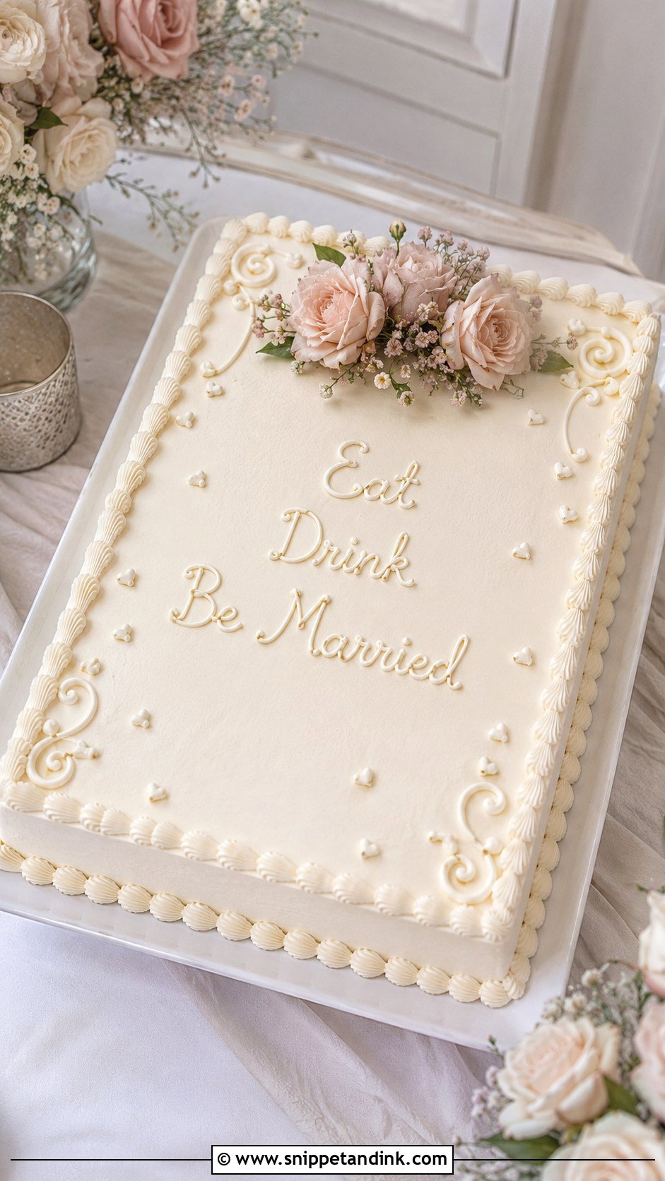 Sheet Wedding Cake With Eat Drink Be Married - Snippet and Ink - 25 Wedding Cake Wording Ideas