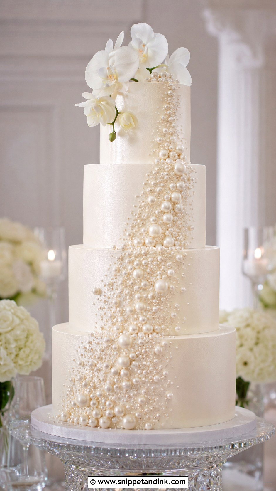 Shimmer Pearl Cascade Wedding Cake - Snippet and Ink - 20 Shimmer Wedding Cake Ideas