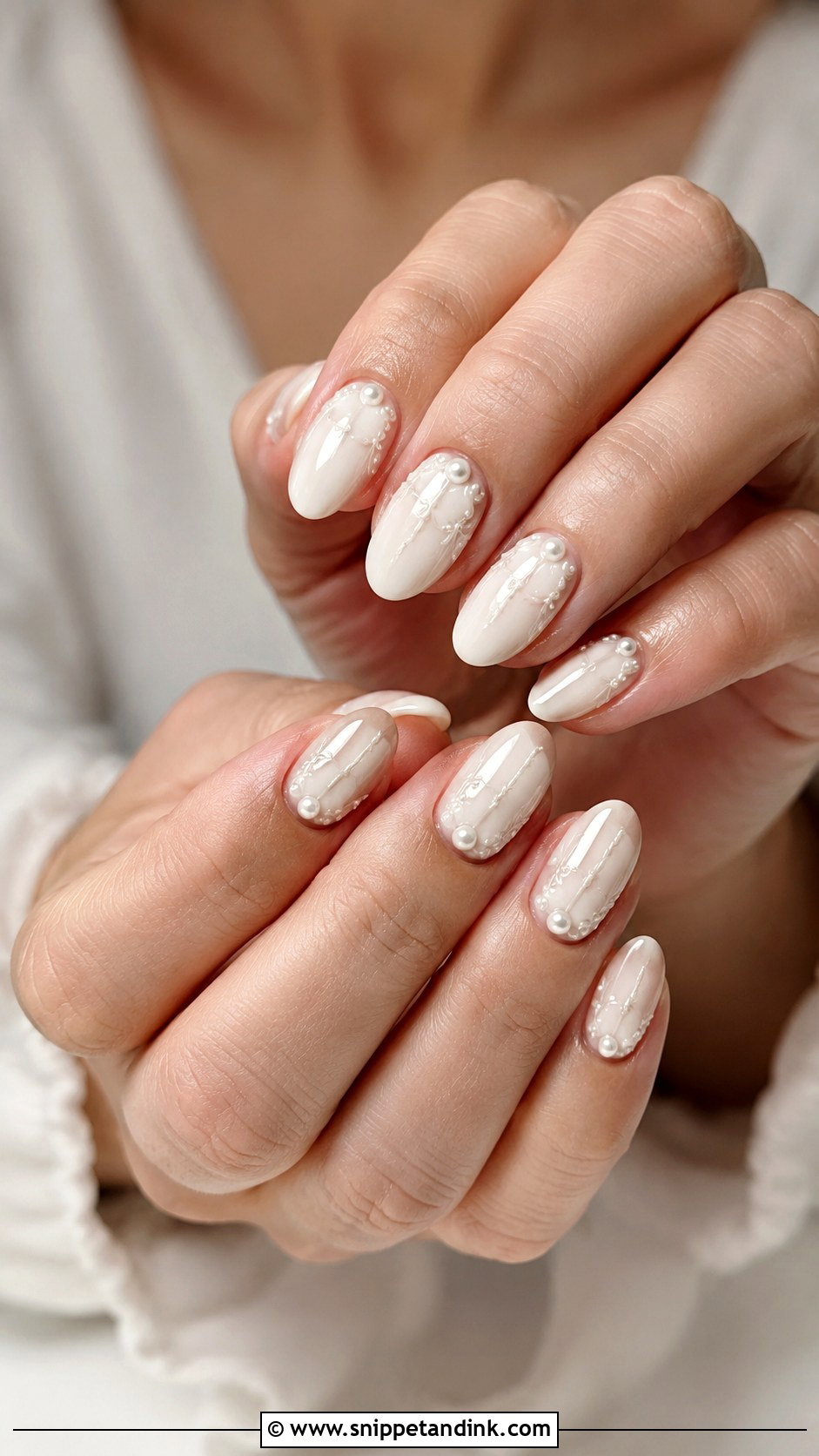 Short Almond Pearl Accent Wedding Nails - Snippet and Ink - 20 Short Almond Wedding Nails