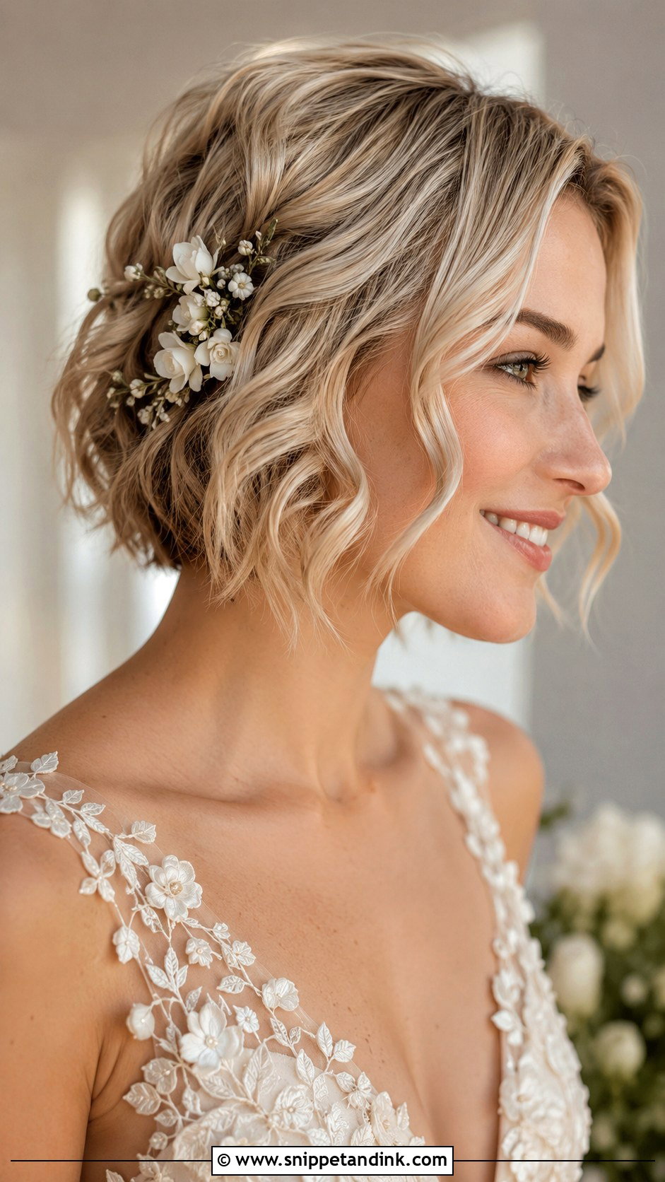 Short Blonde Bridal Hair With Flowers - Snippet and Ink - 15 Short Blonde Bridal Hair Ideas