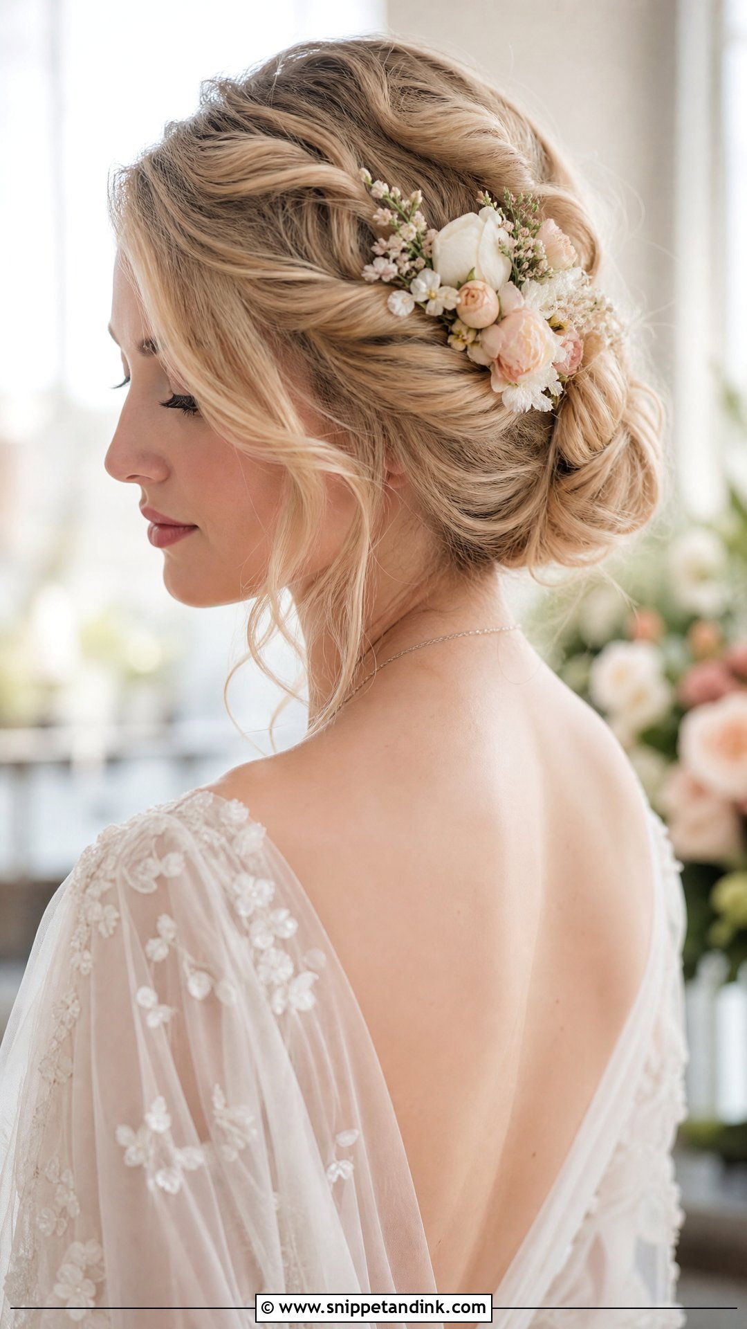 Short Blonde Hair With Twisted Updo and Flowers - Snippet and Ink - 20 Short Blonde Wedding Hair Ideas