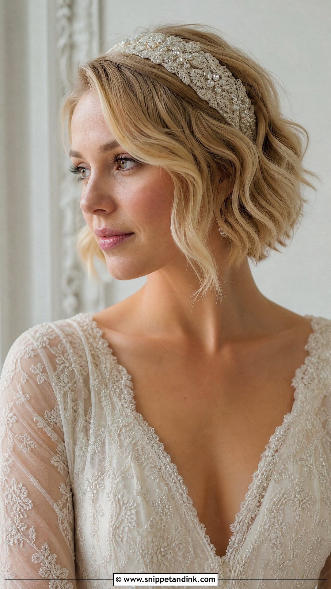 Short Blonde Hair With a Lace Headband - Snippet and Ink - 20 Short Blonde Wedding Hair Ideas