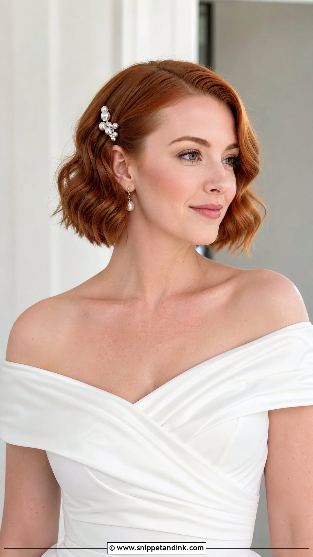 Short Bob Wedding Hairstyle For Off The Shoulder Dress - Snippet and Ink - 20 Off the Shoulder Wedding Hairstyles