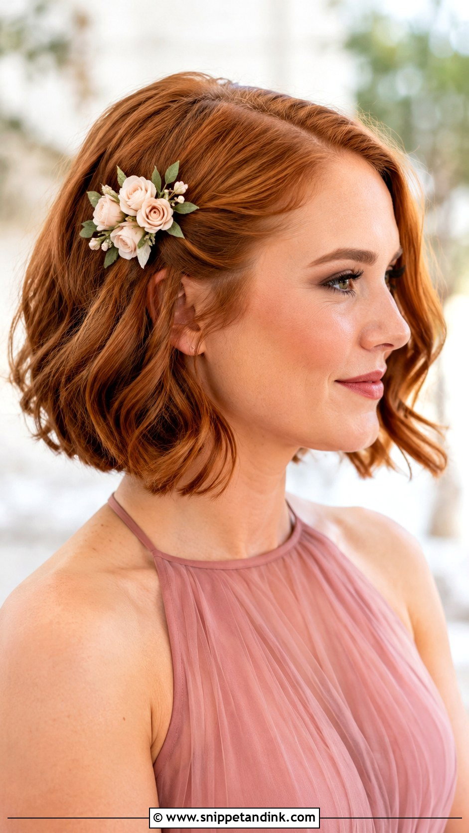 Short Bob With Floral Clip For Bridesmaid - Snippet and Ink - 20 Short Hair Styles for Wedding Bridesmaid
