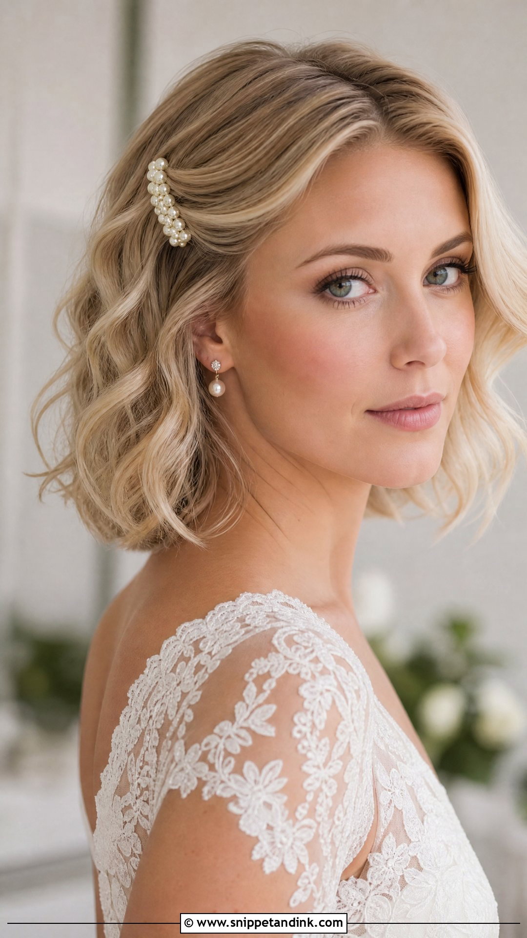 Short Bob With Pearl Clip Wedding Hairstyle - Snippet and Ink - 20 Short Hair Open Hairstyles for Wedding