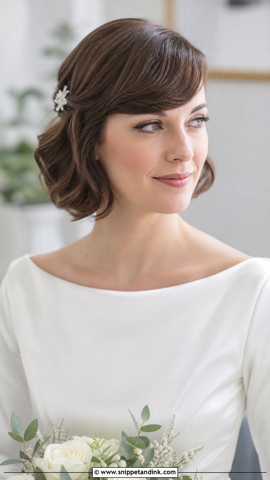 Short Bob With Side Swept Bangs Wedding Hairstyle - Snippet and Ink - 20 Short Hair Open Hairstyles for Wedding