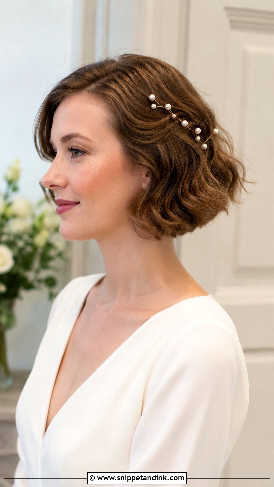Short Bridal Bob With Pearl Pins - Snippet and Ink - 25 Short Bridal Hairstyles
