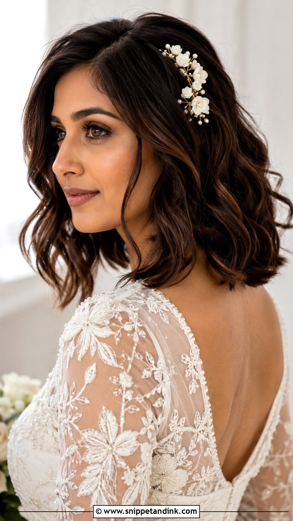 Short Bridal Hair Down With Floral Pins - Snippet and Ink - 15 Short Bridal Hair Down Ideas