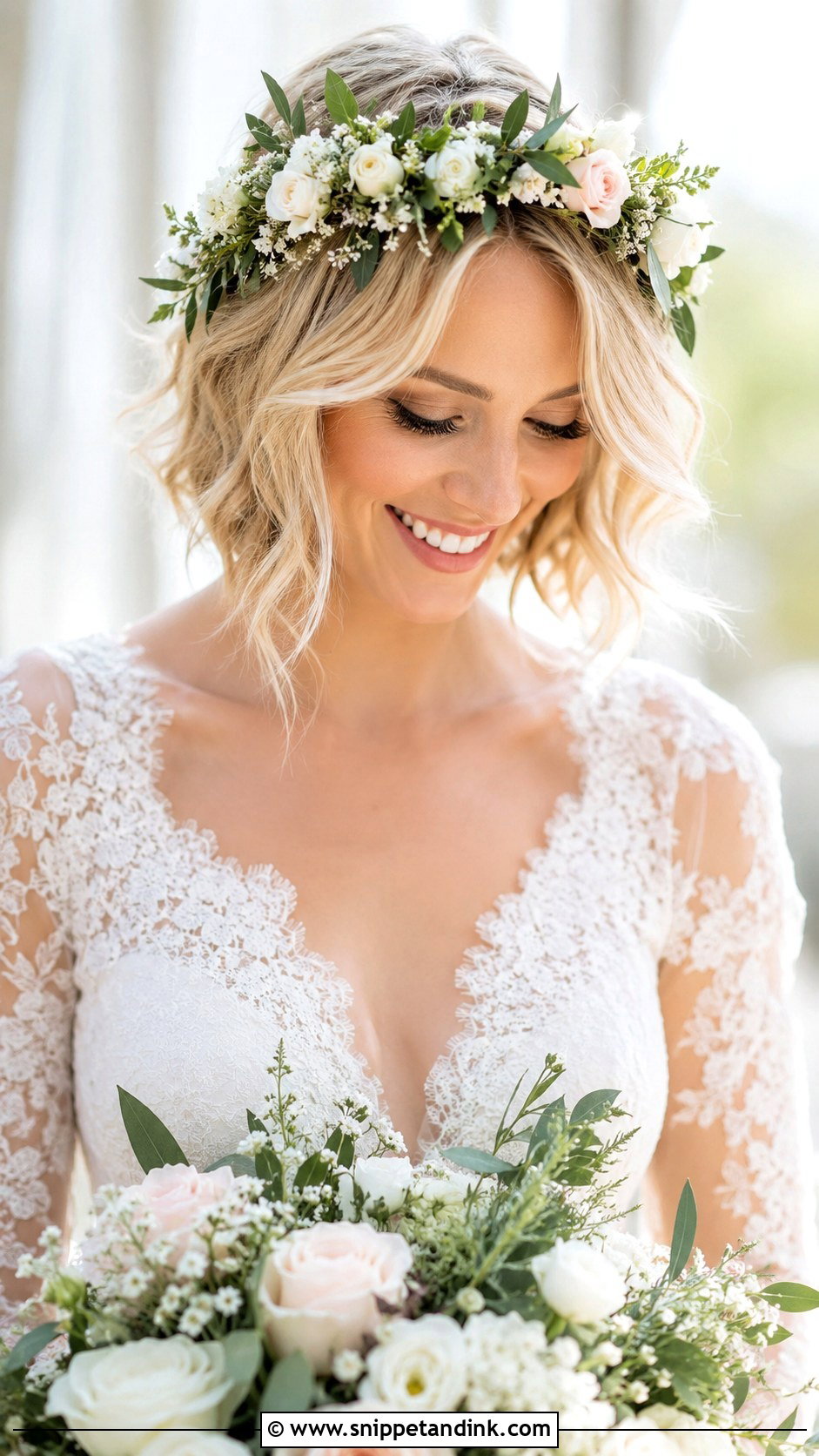 Short Bridal Hair With Floral Crown - Snippet and Ink - 25 Short Bridal Hairstyles