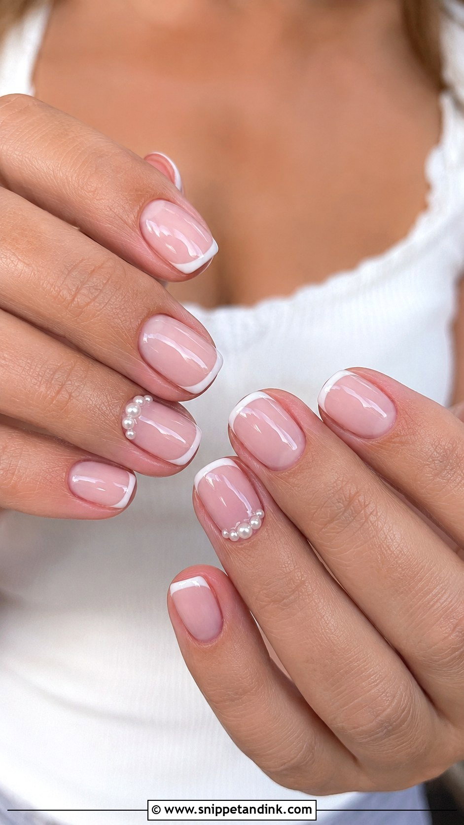 Short Bridal Pearl French Nails - Snippet and Ink - 30 Short Bridal Wedding Nails