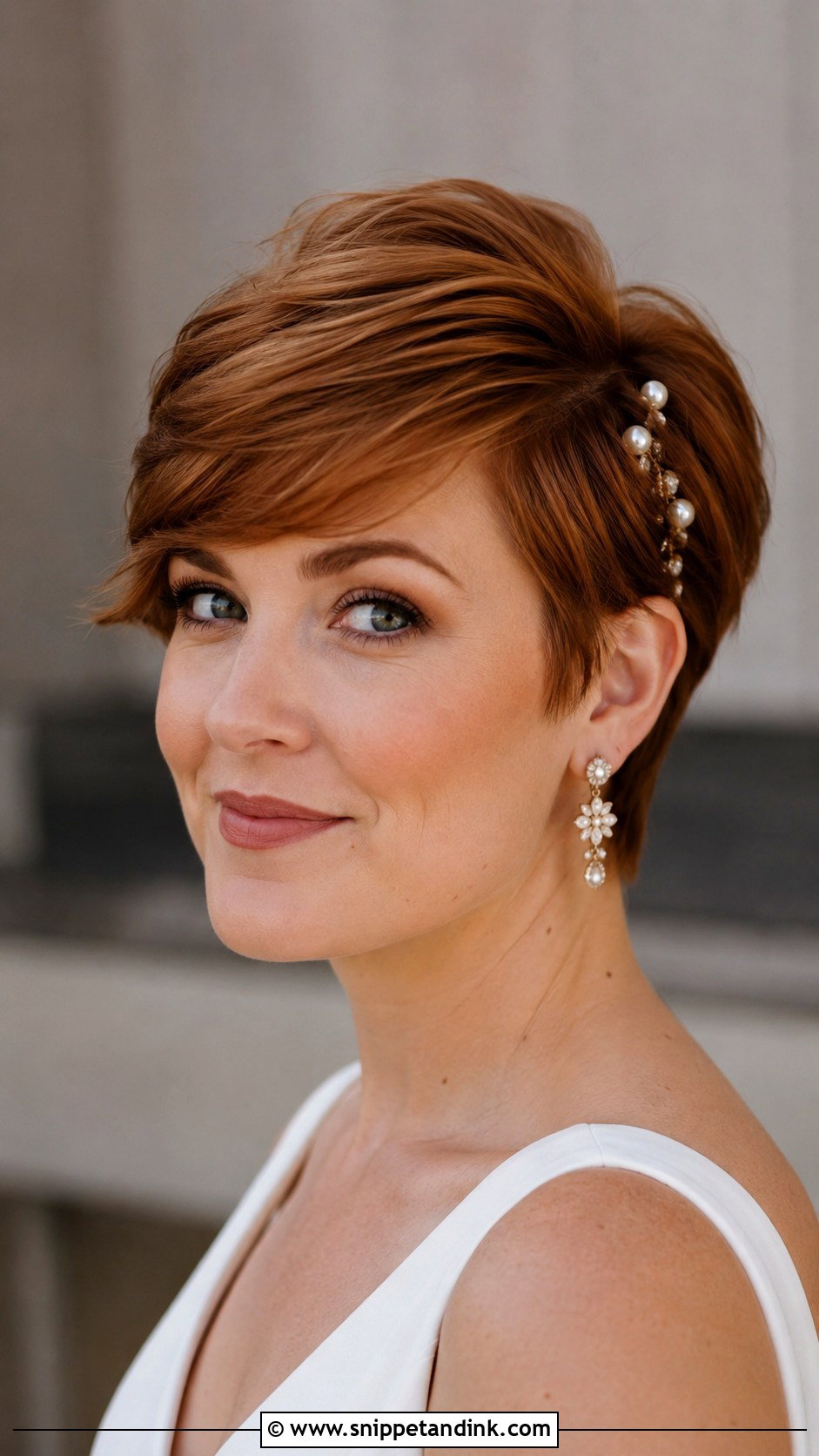 Short Bridal Pixie With Side Swept Bangs - Snippet and Ink - 15 Short Bridal Hair Down Ideas