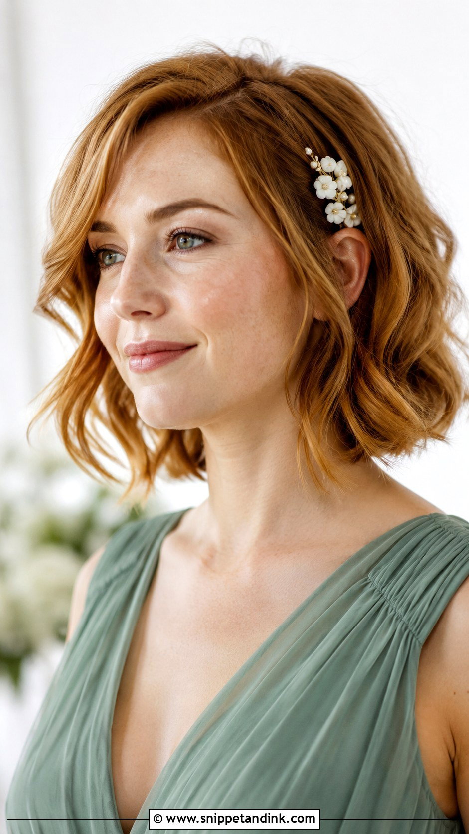 Short Bridesmaid Hair With Floral Pin - Snippet and Ink - 20 Simple Bridesmaid Hair Short Ideas