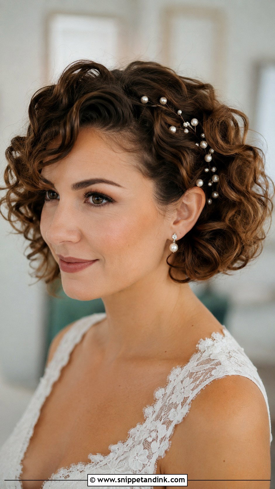 Short Curly Bridal Hair With Pearl Pins - Snippet and Ink - 15 Short Curly Bridal Hairstyles